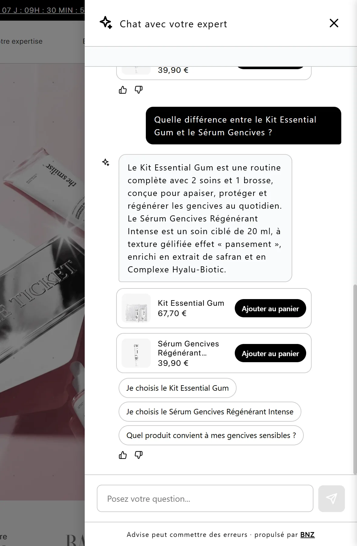 Advise compare le Kit Essential Gum et le Sérum Gencives : ce qui les distingue, leur prix, et un bouton pour choisir l'un ou l'autre.