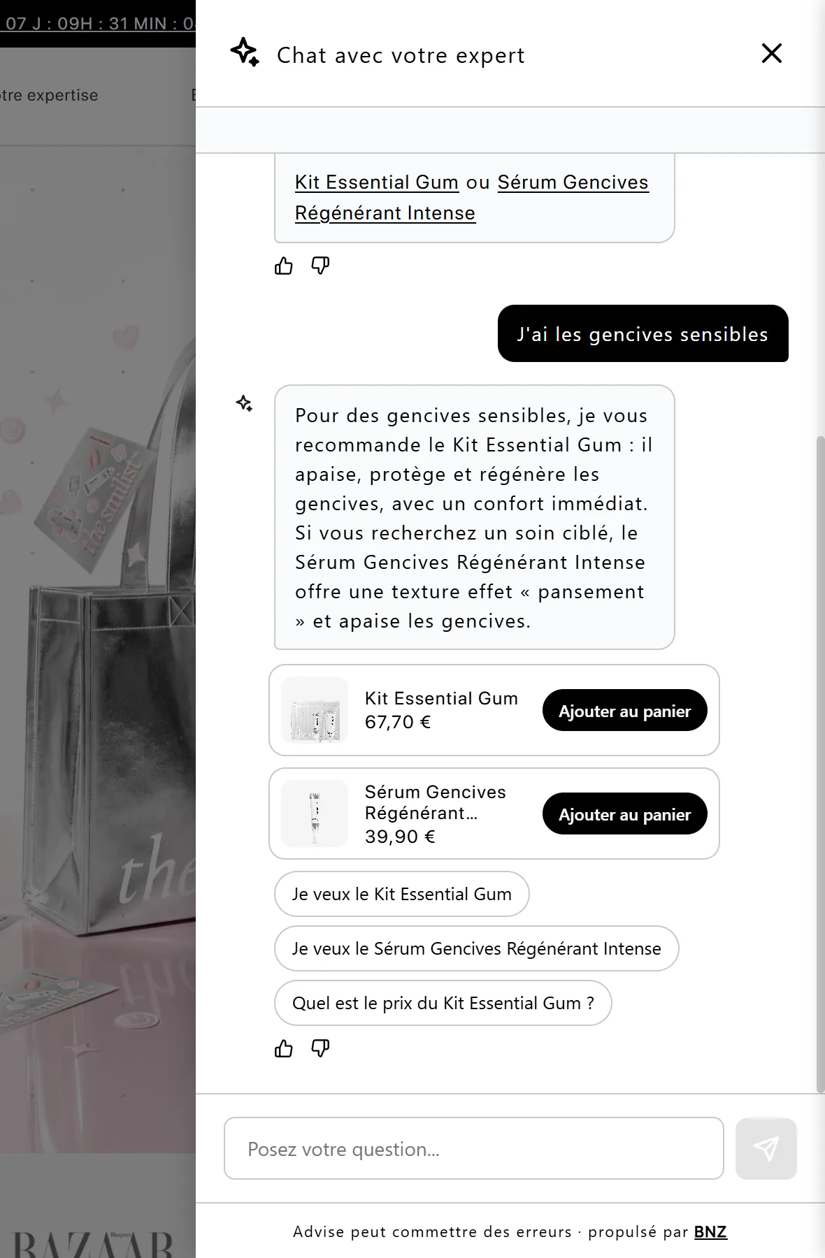 Advise sur la boutique The Smilist : le visiteur écrit qu'il a les gencives sensibles, l'assistant recommande deux soins avec leur prix, un bouton d'ajout au panier et des questions de suivi.
