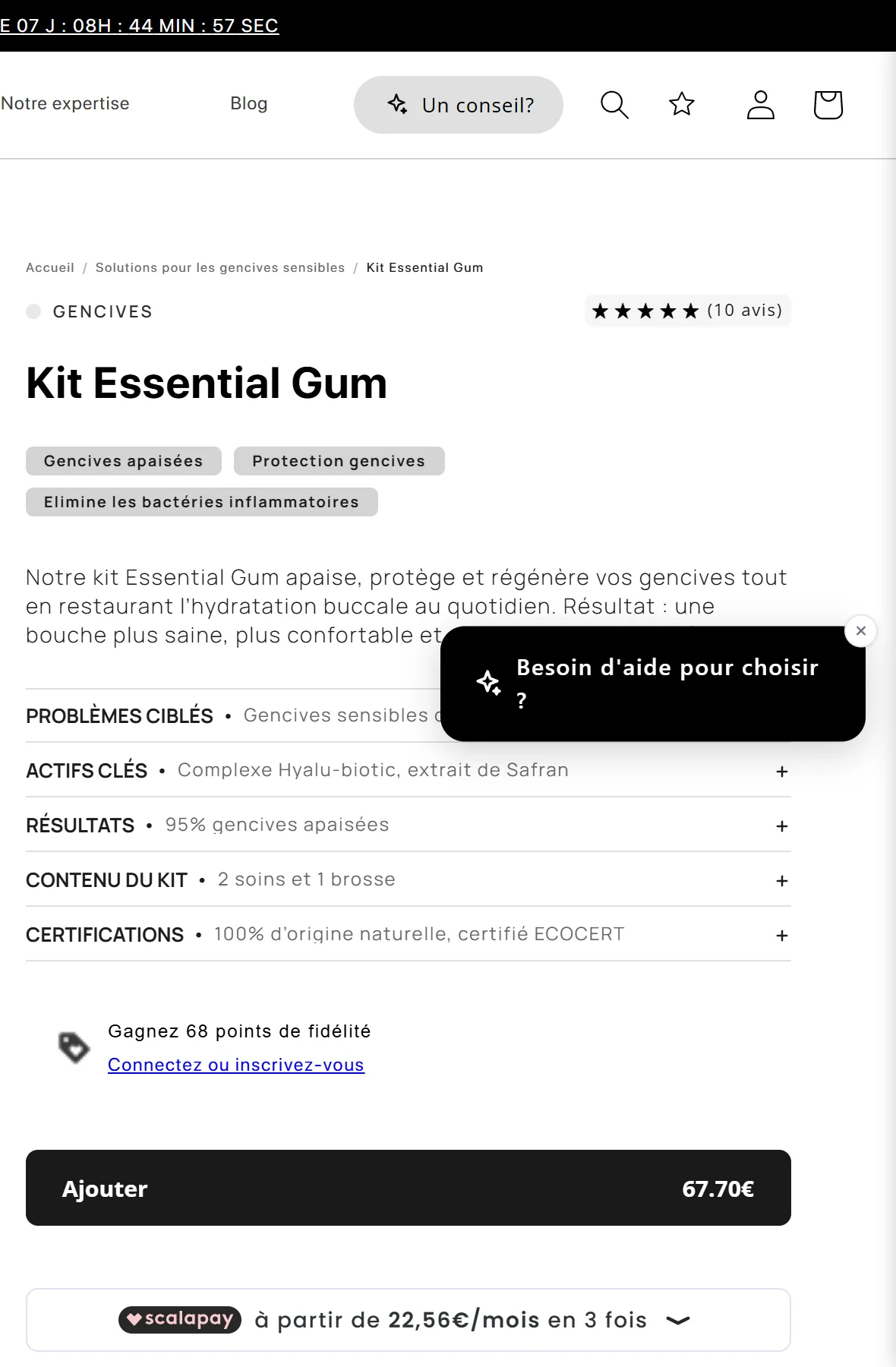 Sur la fiche du Kit Essential Gum de The Smilist, une bulle « Besoin d'aide pour choisir ? » apparaît à côté du bouton d'ajout au panier.